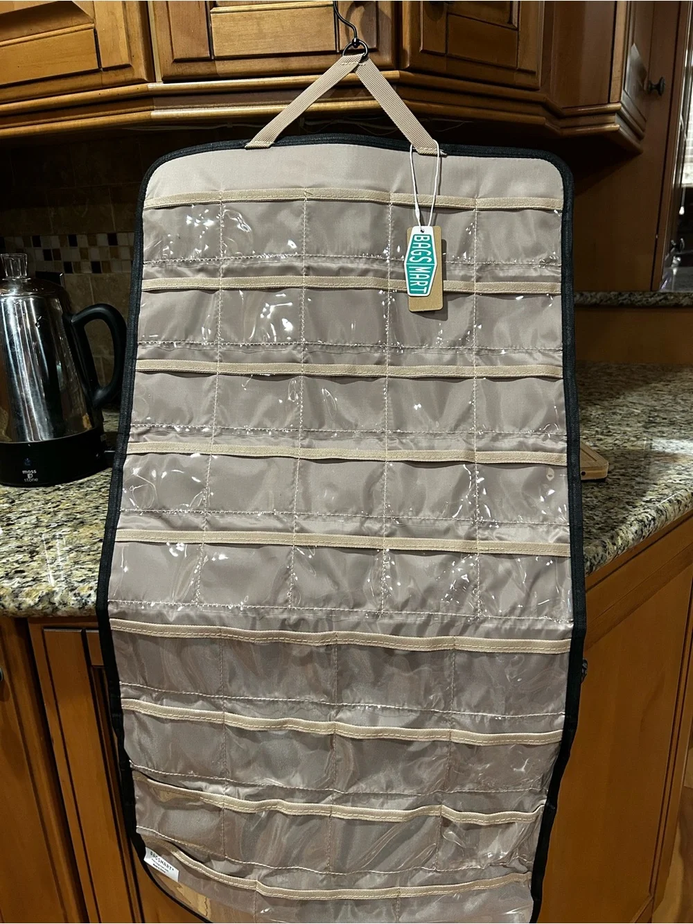 BAGSMART Hanging Jewelry Organizer with Pockets and Hook - Black & Beige